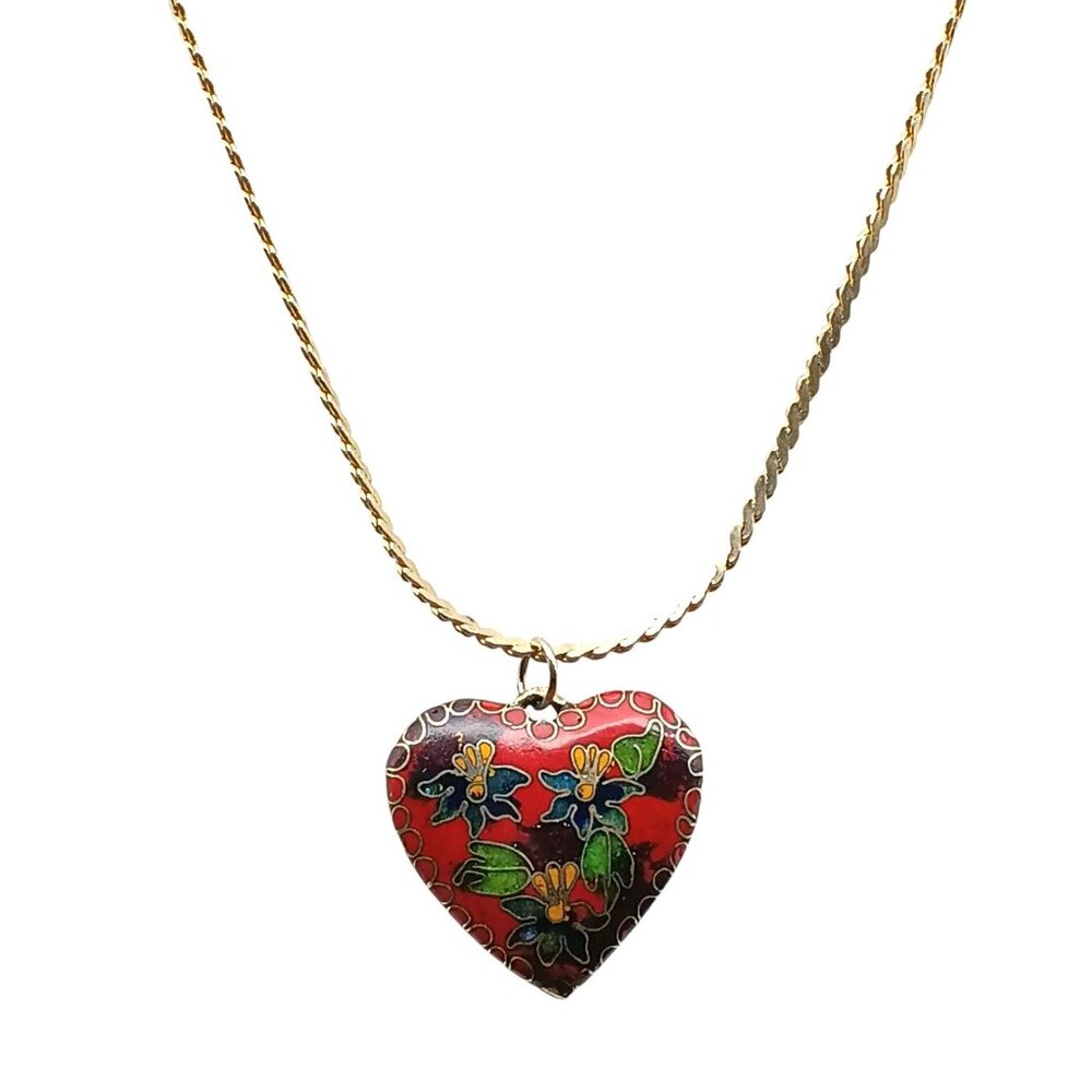 Vintage Heart-Shaped Cloisonné Puffy Pendant Necklace with Gold Chain and Rich E